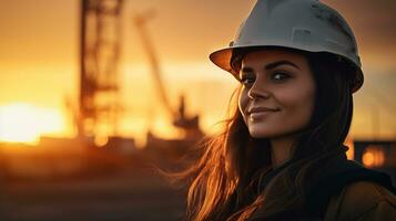 a woman in a hard hat standing in front of a sunset. generative ai photo