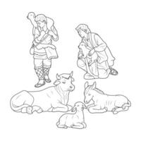 Bethlehem Shepherds and Animals in the Christmas Nativity Scene Vector Illustration Monochrome Outline