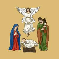 santo familia, Jesús, María y Joseph, con ángel en Navidad natividad escena vistoso vector ilustración