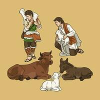 Belén pastores y animales en Navidad natividad escena vistoso vector ilustración