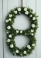 Green natural wreath on white. Illustration AI Generative photo