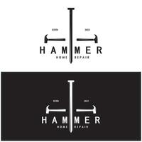 retro vintage crossed hammer and nail logo for home repair services, carpentry, badges, builders, woodworking, construction, vector