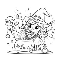 Cute cartoon girl in Halloween witch dress and brews potion in Witch cauldron outlined for coloring vector