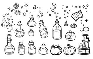 Cute cartoon girl in Halloween witch dress and brews potion in Witch cauldron outlined for coloring vector