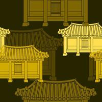 Editable Front View Traditional Hanok Korean House Building Vector Illustration as Seamless Pattern With Dark Background for Decorative Element of Oriental History and Culture Related Design