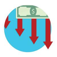 Finanzas disminución y colapsar, bancarrota y devaluación, abajo economía flecha, vector ilustración