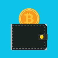 Bitcoin wallet isolated flat. Vector wallet with money bitcoin, golden coin finance technology illustration