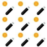 Bitcoin storage seamless pattern. Vector money bitcoin and usb stick flash driver illustration