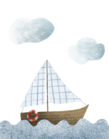 Wooden yacht with a white sailboat and a lifebuoy on the open sea. Water transport, travel, sea expedition. Picture for boys. Hand drawn illustration, isolated design for print, textile, stickers png