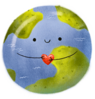 Planet Earth  with eyes keep a heart in hands. Cute childish isolated illustration png