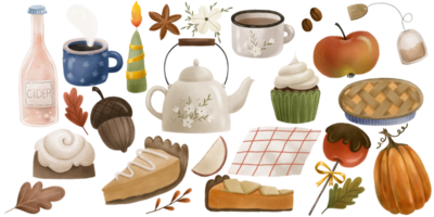 hygge cozy set with autumn isolated elements. Set of fall leaves kettle, cup of coffee, candle, cakes, pie, bottle of cider. November mood. Thanksgiving. Fall hand drawn isolated elements png