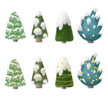 set with evergreen spruce with white snow on branch and trees with decorations, garlands, stars and bright yellow lights. Cute childish cartoon isolated design for cards, invitations png