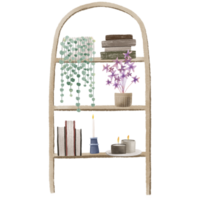 wooden bookshelf, shelving with books and plants, houseplants in pots, candle. Oxalis and ceropegia. Hand painted illustration png