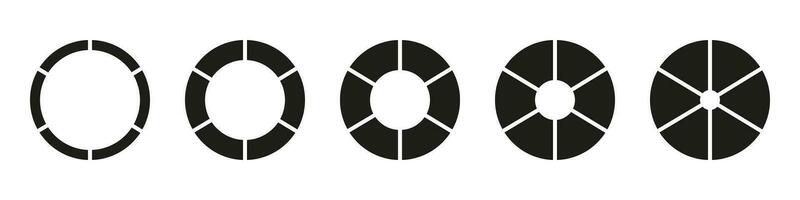 Donut charts, pies segmented on 6 equal parts. Wheels round divided in six sections. Diagrams infographic set. Circle section graph. Pie chart icon. Geometric elements. Vector silhouette illustration.