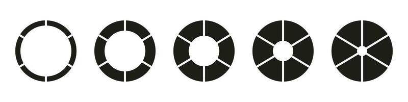 rosquilla gráficos, pasteles segmentario en 6 6 igual partes. ruedas redondo dividido en seis secciones. diagramas infografía colocar. circulo sección grafico. tarta gráfico icono. geométrico elementos. vector silueta ilustración.