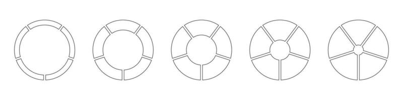 Wheels round divided in five sections. Outline donut charts, pies segmented on 5 equal parts. Diagrams infographic set. Circle section graph line art. Round pie chart icons. Geometric simple elements. vector