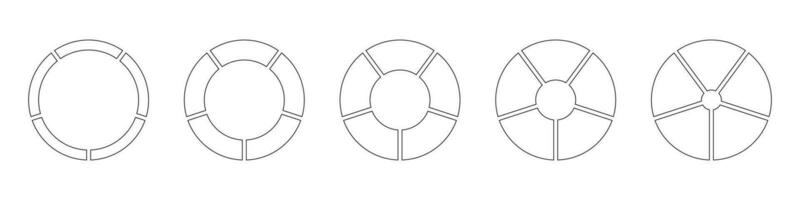 ruedas redondo dividido en cinco secciones. contorno rosquilla gráficos, pasteles segmentario en 5 5 igual partes. diagramas infografía colocar. circulo sección grafico línea Arte. redondo tarta gráfico iconos geométrico sencillo elementos. vector