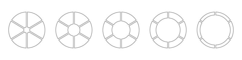 Outline donut charts or pies segmented on 6 equal parts. Wheels round divided in six sections. Diagrams infographic set. Circle section graph line art. Pie chart simple icon. Geometric vector element.