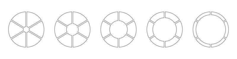 Outline donut charts or pies segmented on 6 equal parts. Wheels round divided in six sections. Diagrams infographic set. Circle section graph line art. Pie chart simple icon. Geometric vector element.