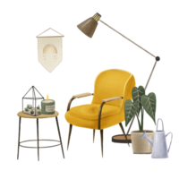 Interior with a yellow armchair, table, house plants. Composition of living room, modern home illustration png