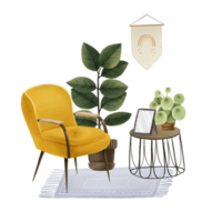 Minimalist interior with a yellow armchair and coffee table, ficus, peperomia and photo frame, carpet and painting. Scandinavian design. House plants png