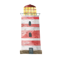 watercolor red and white lighthouse illustration, cute childish isolated clipart. Oceania. Sea life. Sticker png