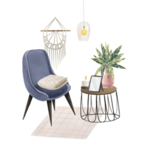 Composition with a blue velvet chair, next to a table with a photo frame and calathea, candles. Boho design. Minimalist Scandinavian style. Cute illustration png