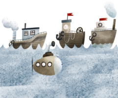 ein Dampfschiff, ein Schiff und ein unter Wasser U-Boot sind Segeln auf das öffnen Meer. Kinder- Illustration. Reisen durch Ozean Transport png