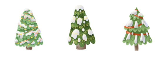 conjunto con Navidad decorativo verde arboles con luces y guirnaldas, serpentina. bosque, bosque plantas. linda dibujos animados sencillo ilustración. aislado acortar Arte png