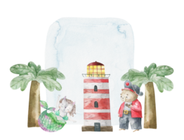 Nautical composition with palms, lighthouse, mermaid and bear pirate on painted blue spot. Watercolor childish illustration on isolated background png