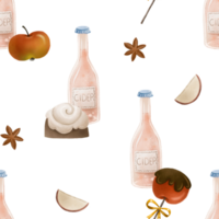 bouclable modèle avec Cidre bouteille, gâteau avec blanc glaçage, Pomme et sucette, anis. sans couture arrière-plan, l'automne ambiance. confortable hiver png