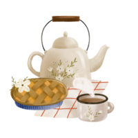Thanksgiving isolated composition with white vintage kettle, cup of tea with flowers and leaves and tasty pumpkin pie on white napkin. Autumn mood card png