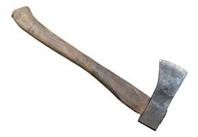 Old rust dirty dark gray axe with brown wooden handle isolated on white background with clipping path photo