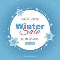 Banner template for seasonal winter sale with blue background and snowflakes. Usable for social media posts, web internet ads. vector