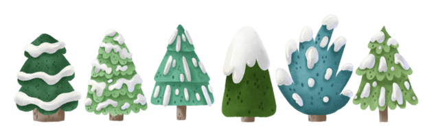 uppsättning med vintergröna gran med vit snö på grenar. söt barnslig tecknad serie isolerat design för kort, inbjudningar, affischer, Semester dekor png