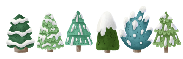 ensemble avec à feuilles persistantes épicéa avec blanc neige sur branches. mignonne puéril dessin animé isolé conception pour cartes, faire-part, affiches, vacances décor png