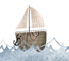 A wooden yacht with a white checkered sailboat and an anchor on a rope floats on the sea and waves. Hand drawn illustration, isolated design for print, textile, stickers png