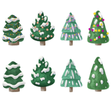 New Year and Christmas trees with and without garlands, lights, ribbons. Cute cartoon isolated design with eves, snowy Pines branches. Forest, woodland, landscape elements png