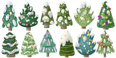 Collection with Pine trees and  garlands, lights. Hand painted illustration. Green christmas tree, eve with snow on branches, cute childish art. Isolated clipart, element. Holiday celebrating png