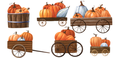 set of carts , baskets with pumpkins. Cute Halloween autumn design. Cozy November. Hand painted png