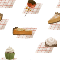 Thanksgiving autumn color pattern with cake, pie, cupcake, pumpkin pie, lollipop with red apple in chocolate and white and red napkin. Seamless loopable pattern. Endless isolated design png