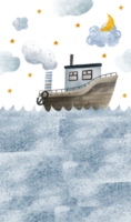 Vertical illustration with Ship, maritime cargo transport. Seascape with waves, deep water, sky with clouds, stars, moon. png