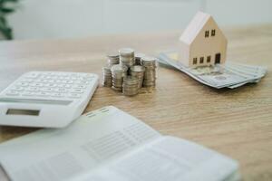 Close up of money stack coins and Dollar banknotes Saving money financial banking concept photo