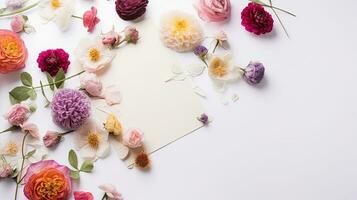 Top view blank card with flowers Abstract organic flowers Blooming floral on white background photo