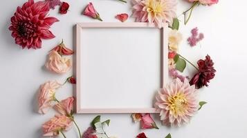 Mockup of picture frame decorated with spring flowers clean space for text on white background photo