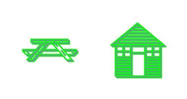 Picnic of Table and Wood Cabin Icon vector