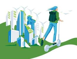 un mujer en un eléctrico scooter paseos en un verde la carretera. grande ciudad detrás. el concepto de ecológico transporte y ambiental proteccion. vector plano ilustración