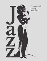 black and white poster of a jazz singer. Advertisement of a postcard of a musical event. Vector flat illustration