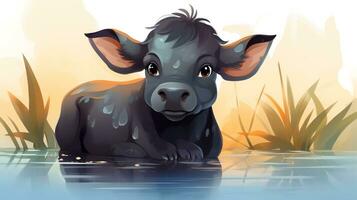 a cute little Water Buffalo in vector style. Generative AI photo
