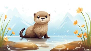 a cute little Otter in vector style. Generative AI photo